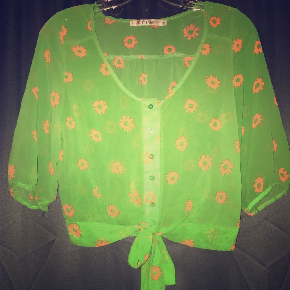 lime green sheer shirt with flower print